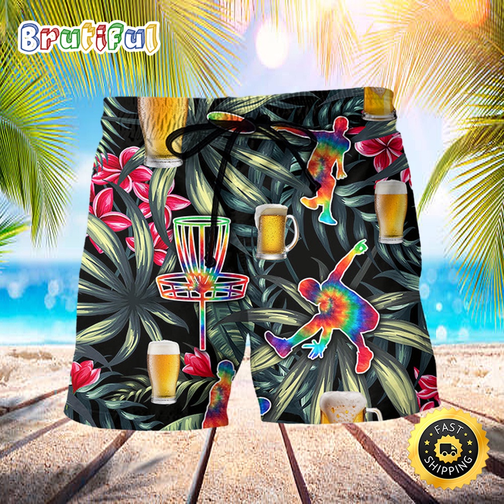 Beer And Disc Golf Tropical Flower Tie Dye Beach Short nvisxr