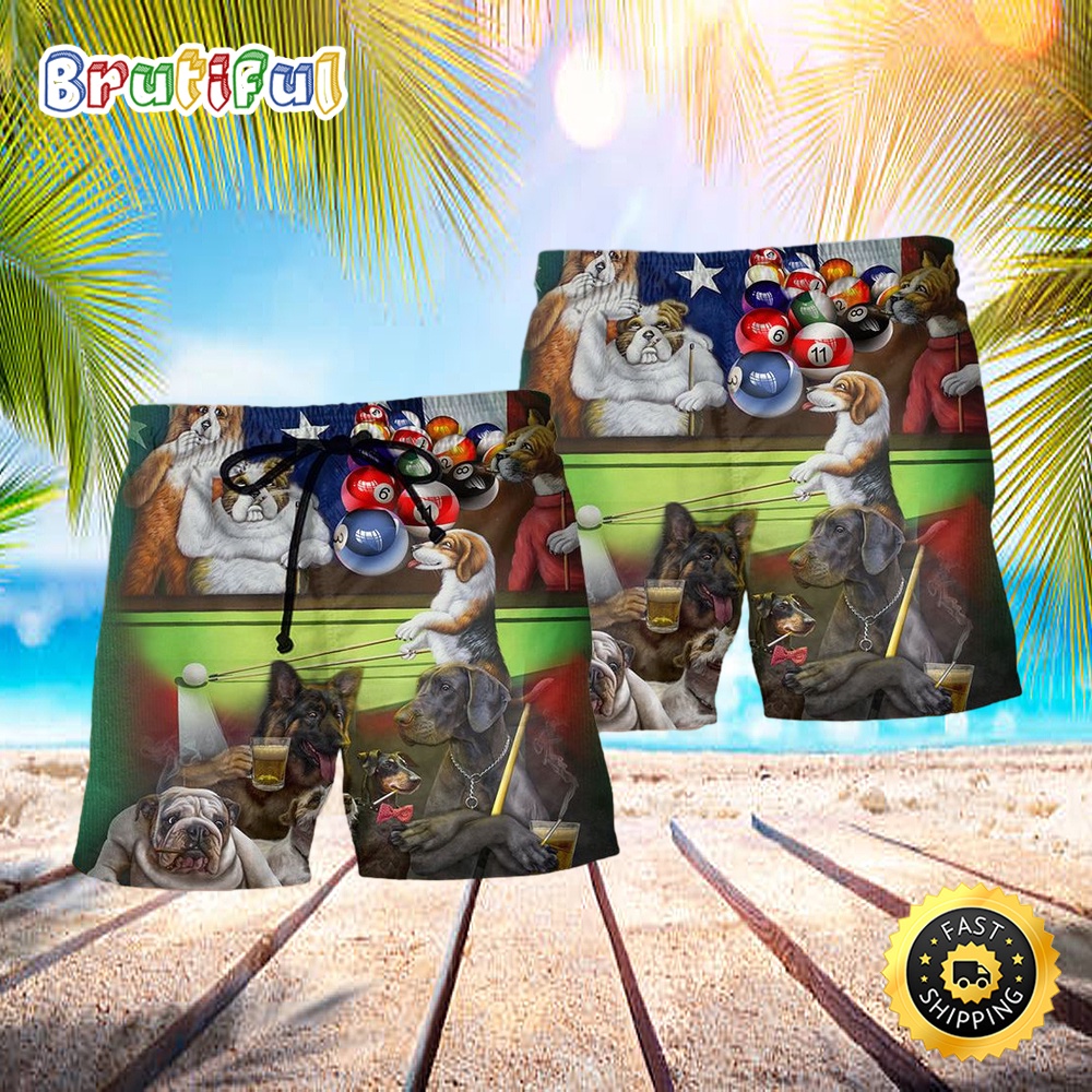 Billiard Independence Day Funny Dogs Hawaiian Beach Short m0ildf