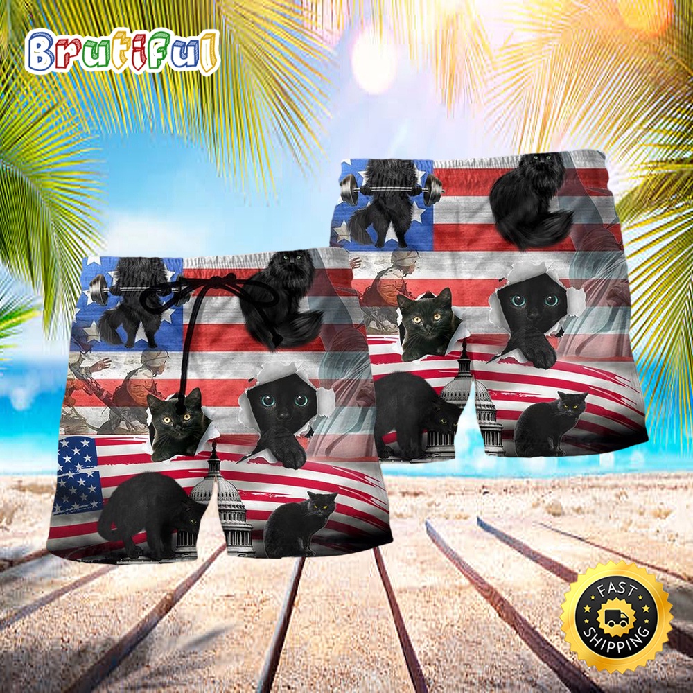 Black Cat Independence Day America Hawaiian Beach Short x4ftjf