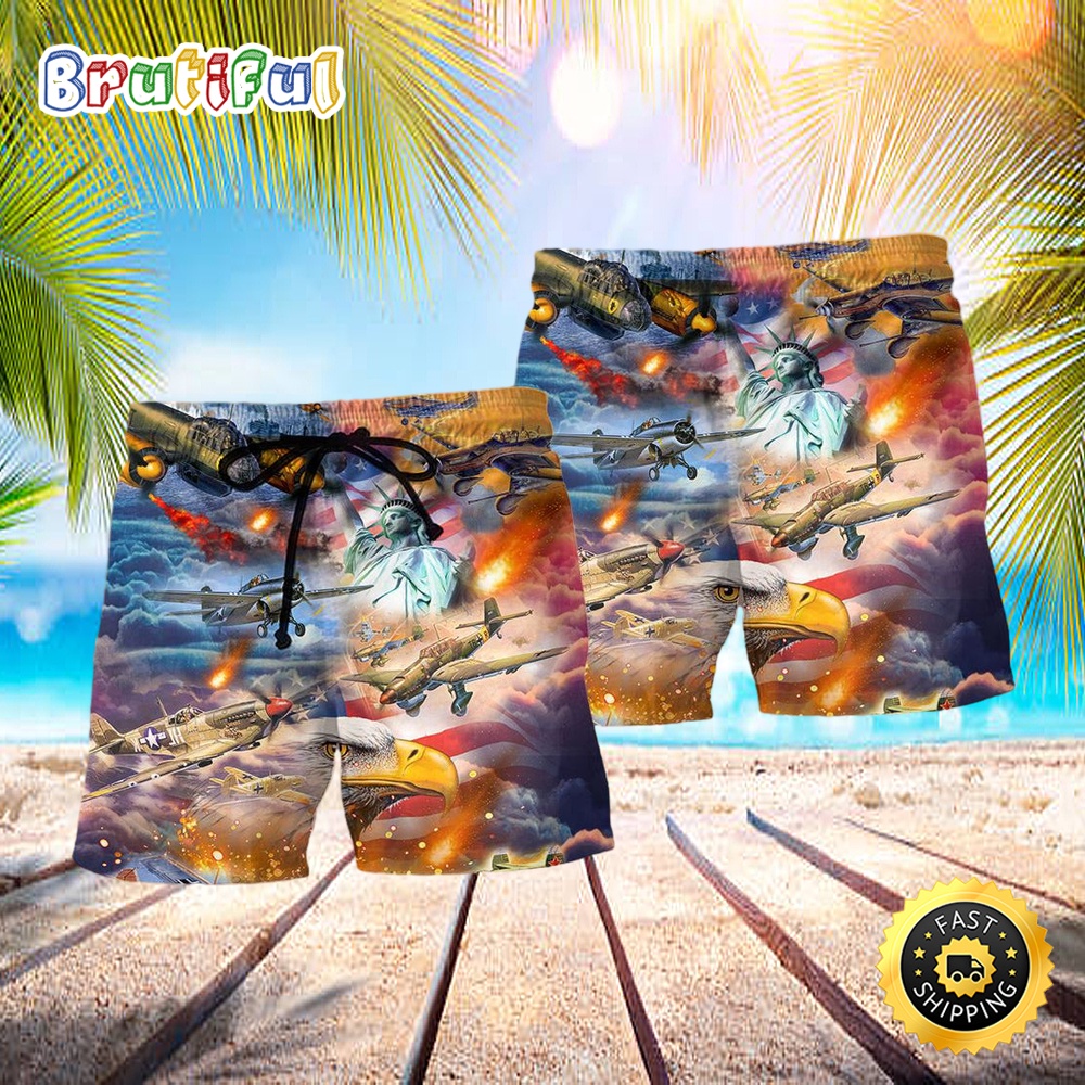Combat Aircraft Independence Day America Hawaiian Beach Short wjwrrm