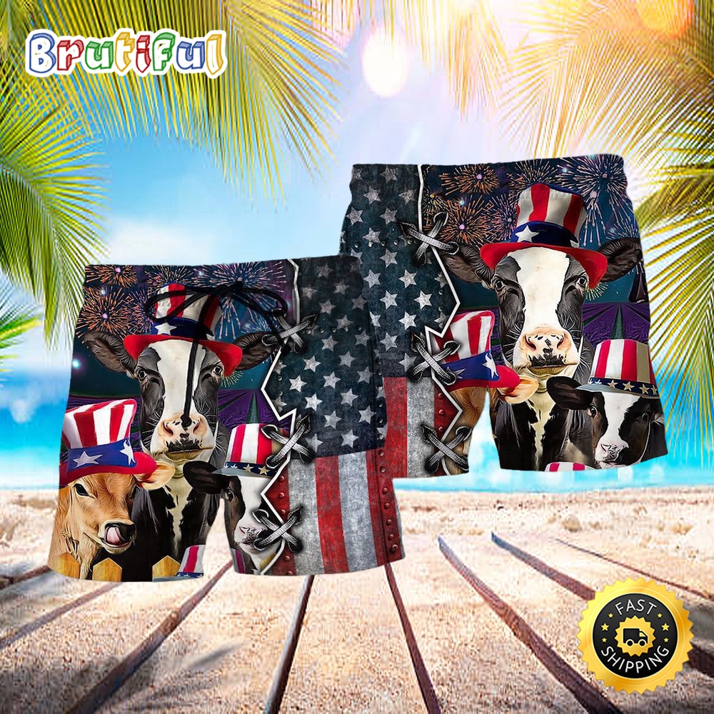Cow Independence Day Hawaiian Beach Short ubcgun