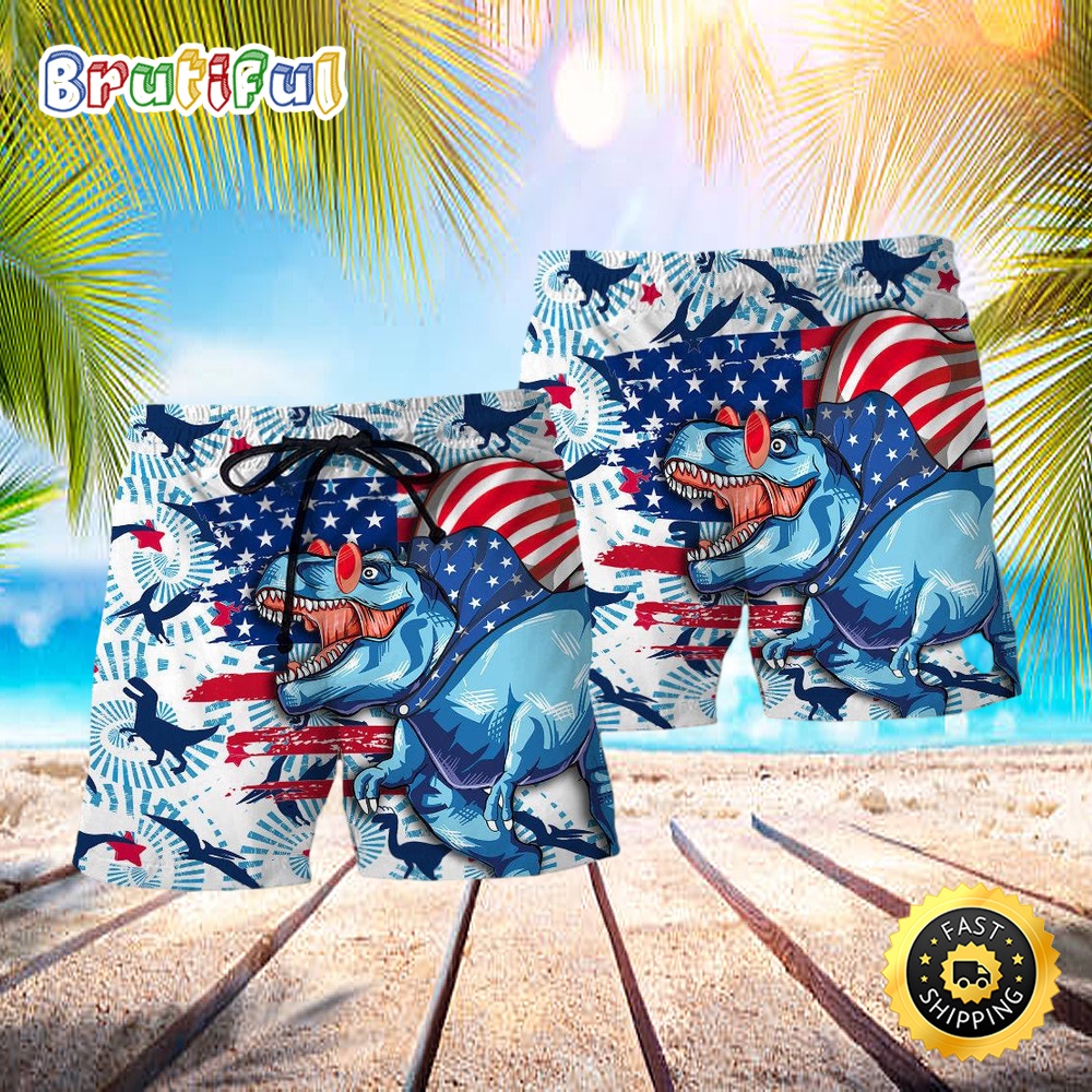 Dinosaur Independence Day Funny Dinosaurus Hawaiian Beach Short tivsms