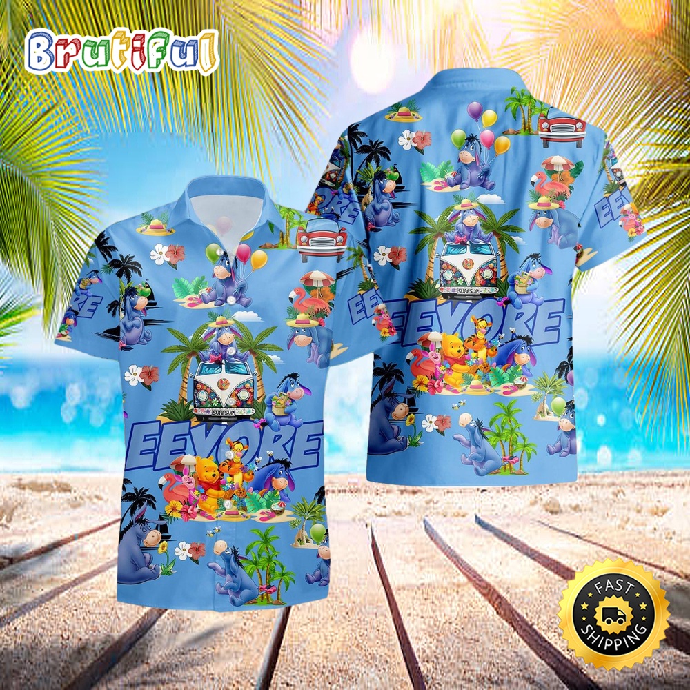 Eeyore Donkey Hippie Van Blue Patterns Summer Tropical Disney Hawaiian Shirt pl9tzv
