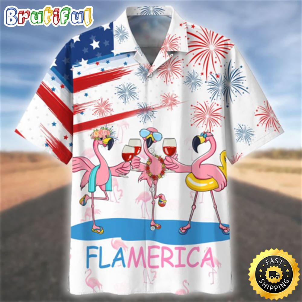 Flamingo Wine Flamerica 4th Of July Independence Day Hawaiian Shirt zlyxfh