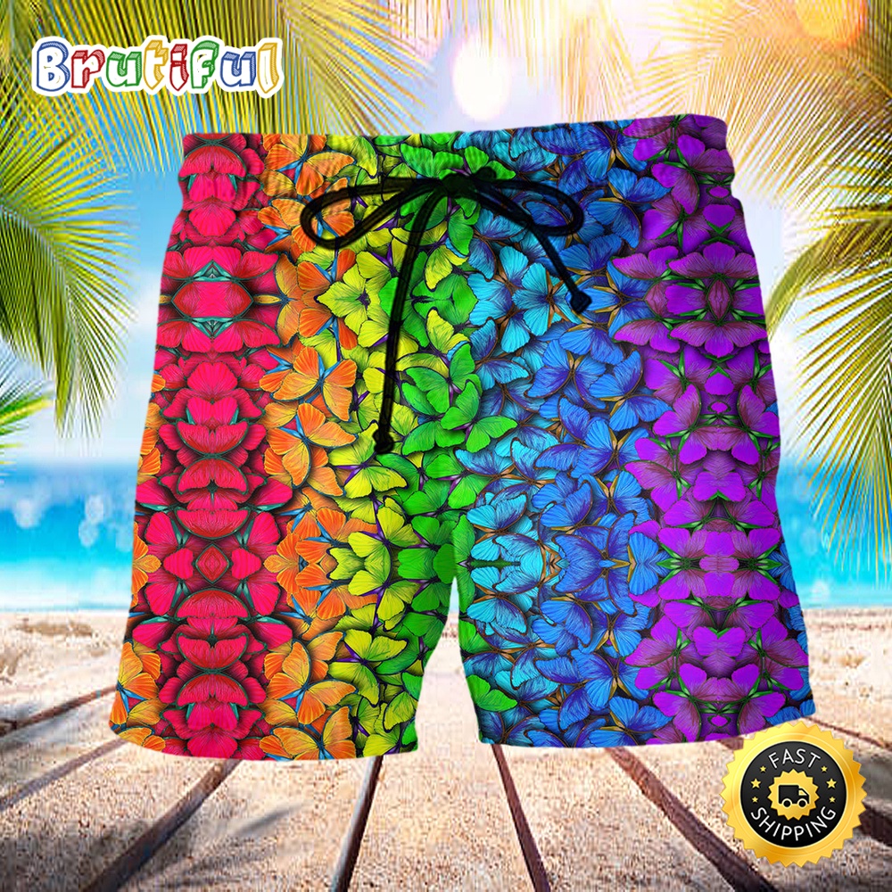 LGBT Colorful Rainbow Butterfly Beautiful Color Summer Beach Shorts mspdnx