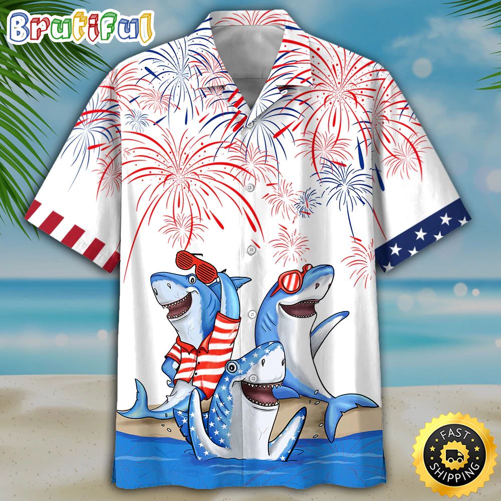 Men s 4th Of July Shark Hawaiian Shirt Independence Day Hawaiian Shirt Usa Patriotic Hawaiian Shirt kf7k94