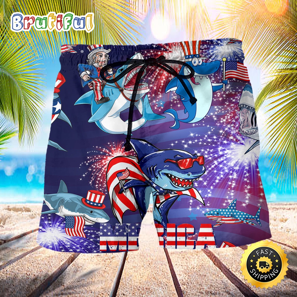 Shark Merica Patriotic Amazing Style Independence Day Beach Short wlurax