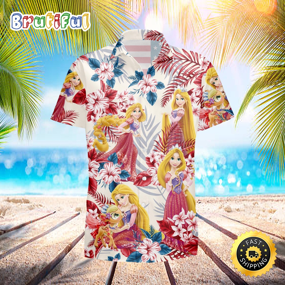 Tangled Rapunzel Blue Red 4th July Independence Day Disney Hawaiian Shirt ltnvy6