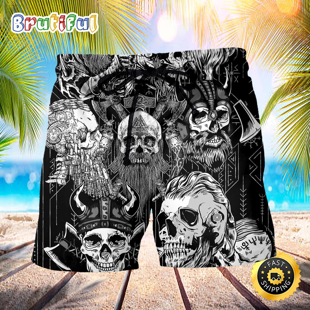 Viking Beard Warrior Skull With Crossed Axes Summer Beach Short qbkncz