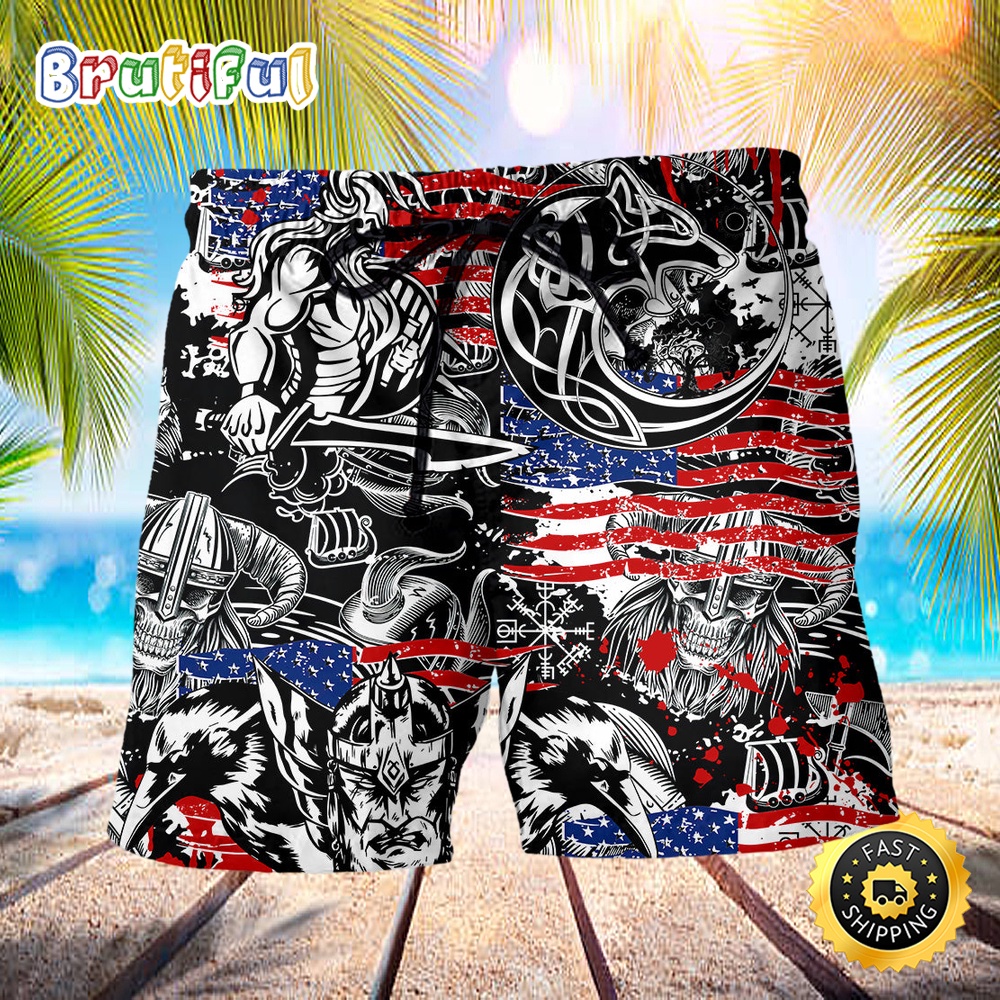 Viking Independence Day Odin Warrior And Wolf Summer Beach Short h4ygkq