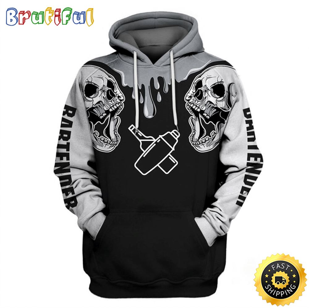Bartender Hoodie Skulls Shaker And Bottle Bartender Black White Hoodie 1 hxvhls