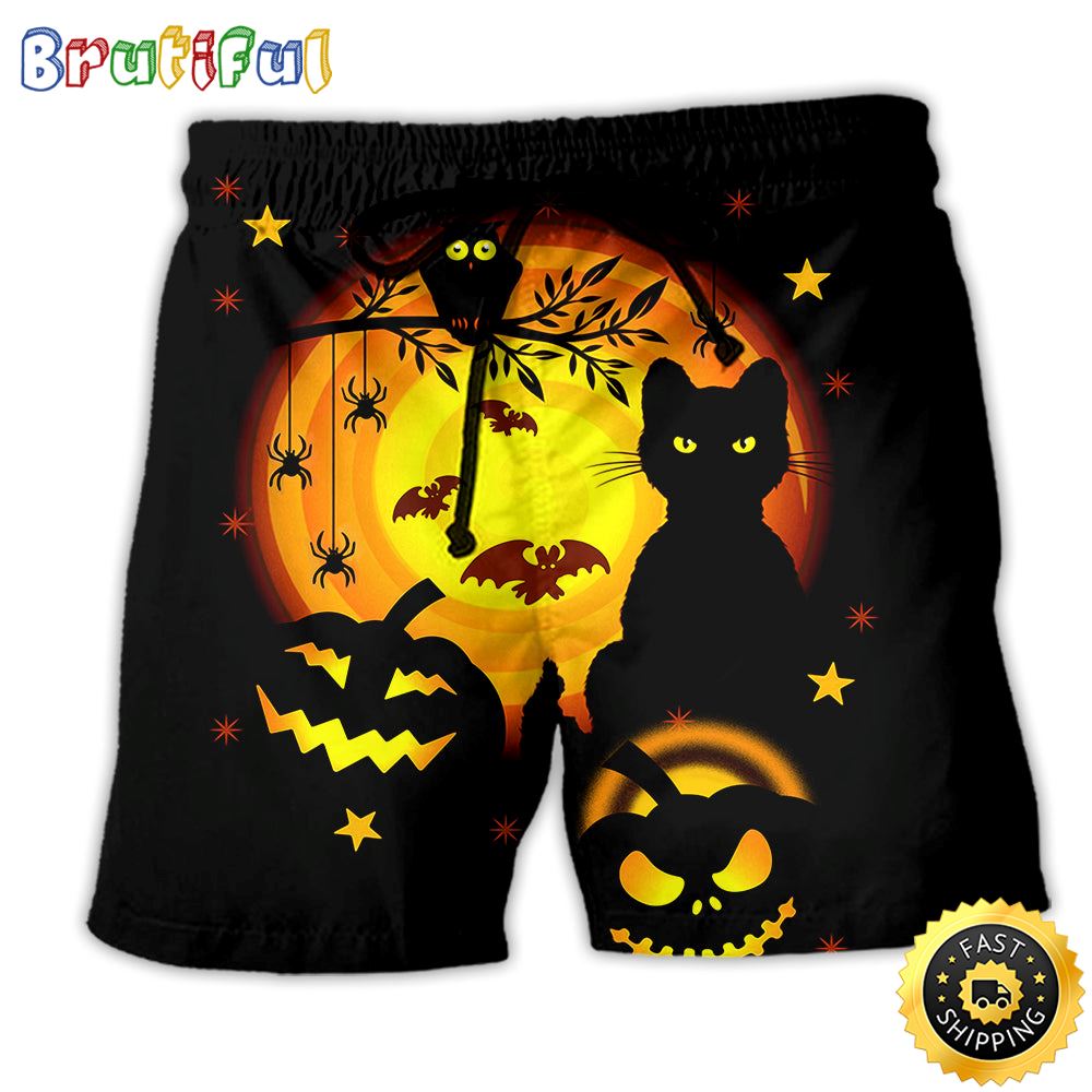 Halloween Awesome Black Cat And Pumpkin Happy Halloween Beach Short zdwhms