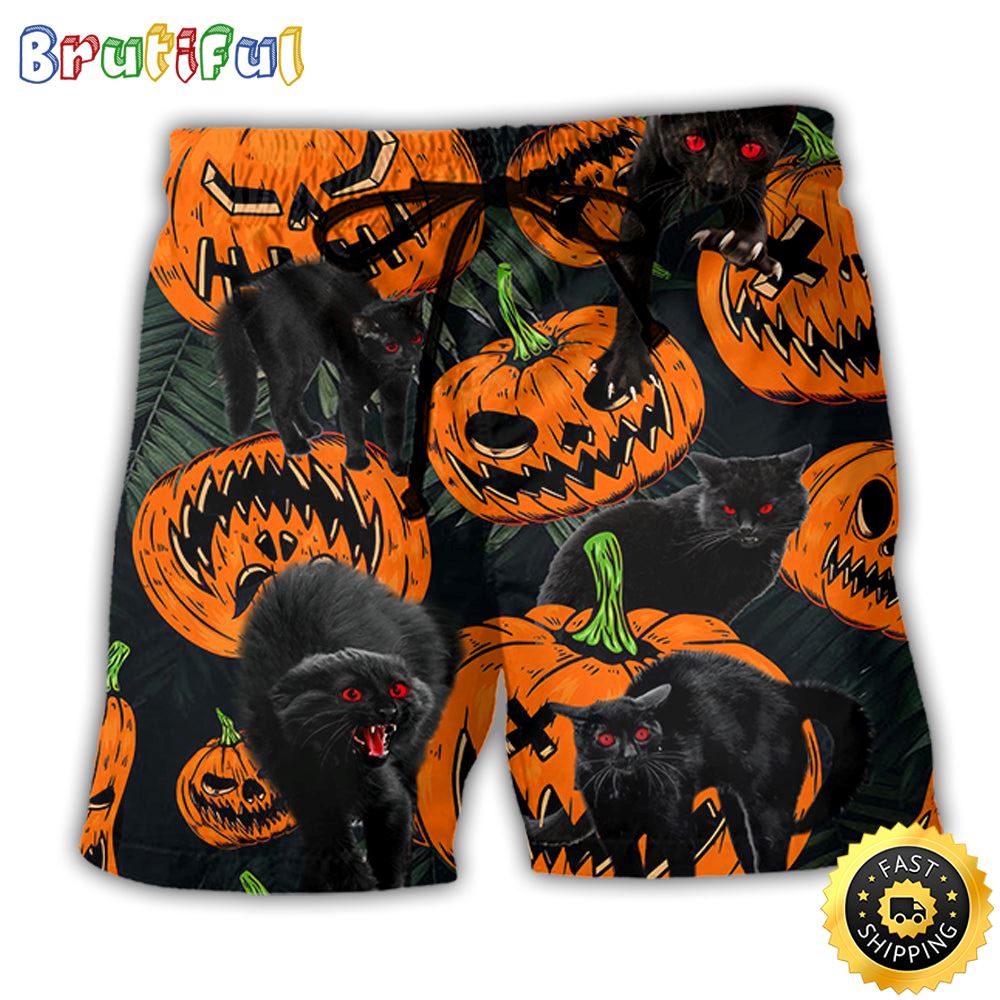 Halloween Black Cat Pumpkin Scary Tropical Beach Short aq1osn