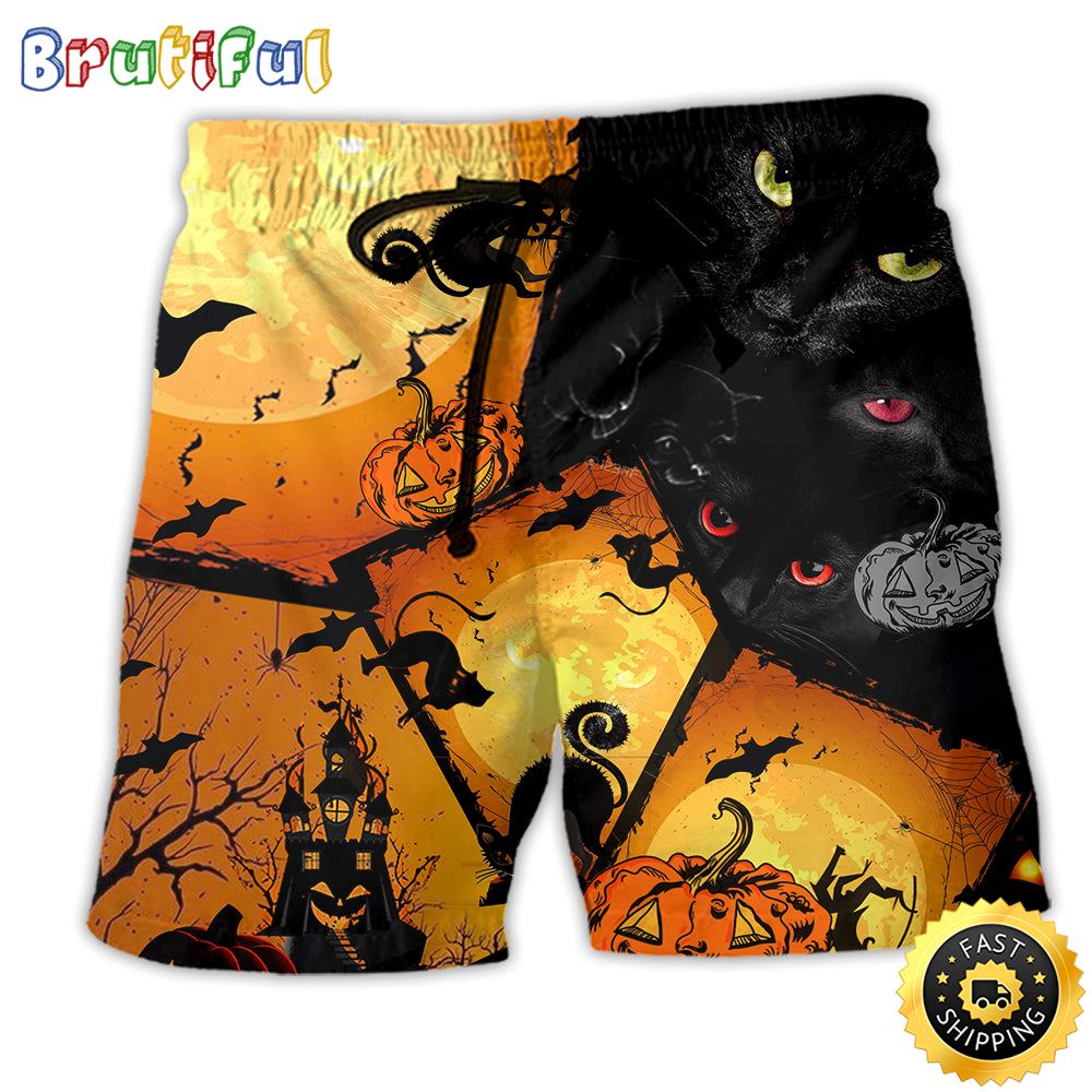 Halloween Black Cat With Yellow Beach Short wrqgpd