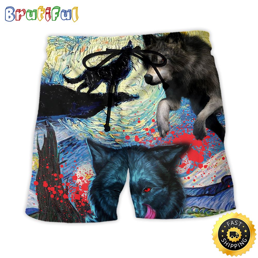 Halloween Black Wolf Crazy Starry Night Blood Art Style Beach Short qvwgfb