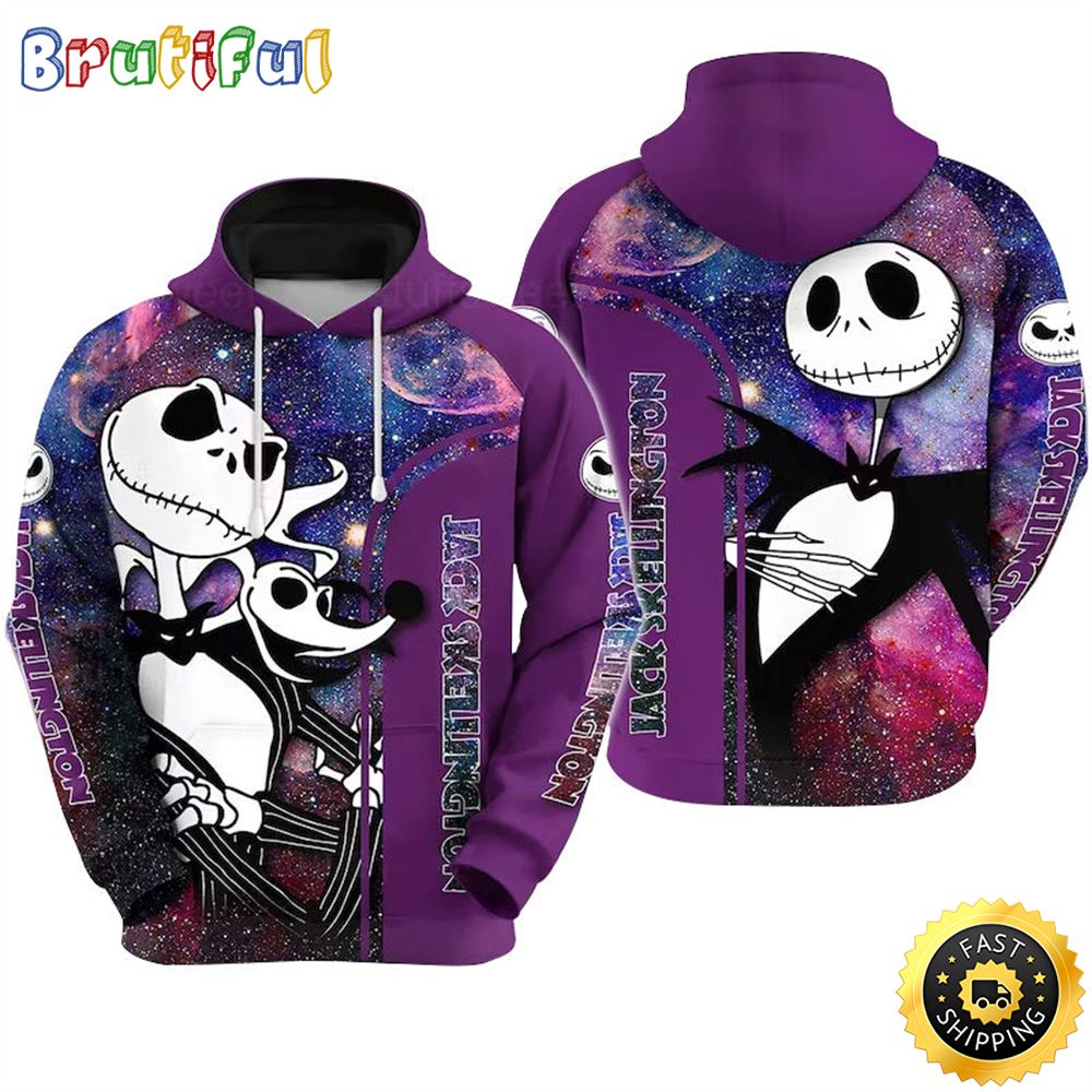 Jack Skellington And Zero Purple Galaxy 3D Hoodie All Over Print Shirts iqbhhy