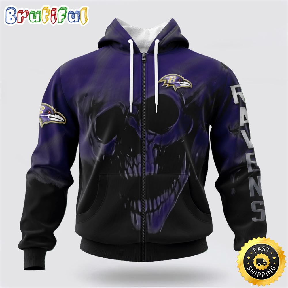 NFL Baltimore Ravens 3D Hoodie Printed Halloween Skull Custom Name And Number Ultimate Fan Apparel 1 a1tfea