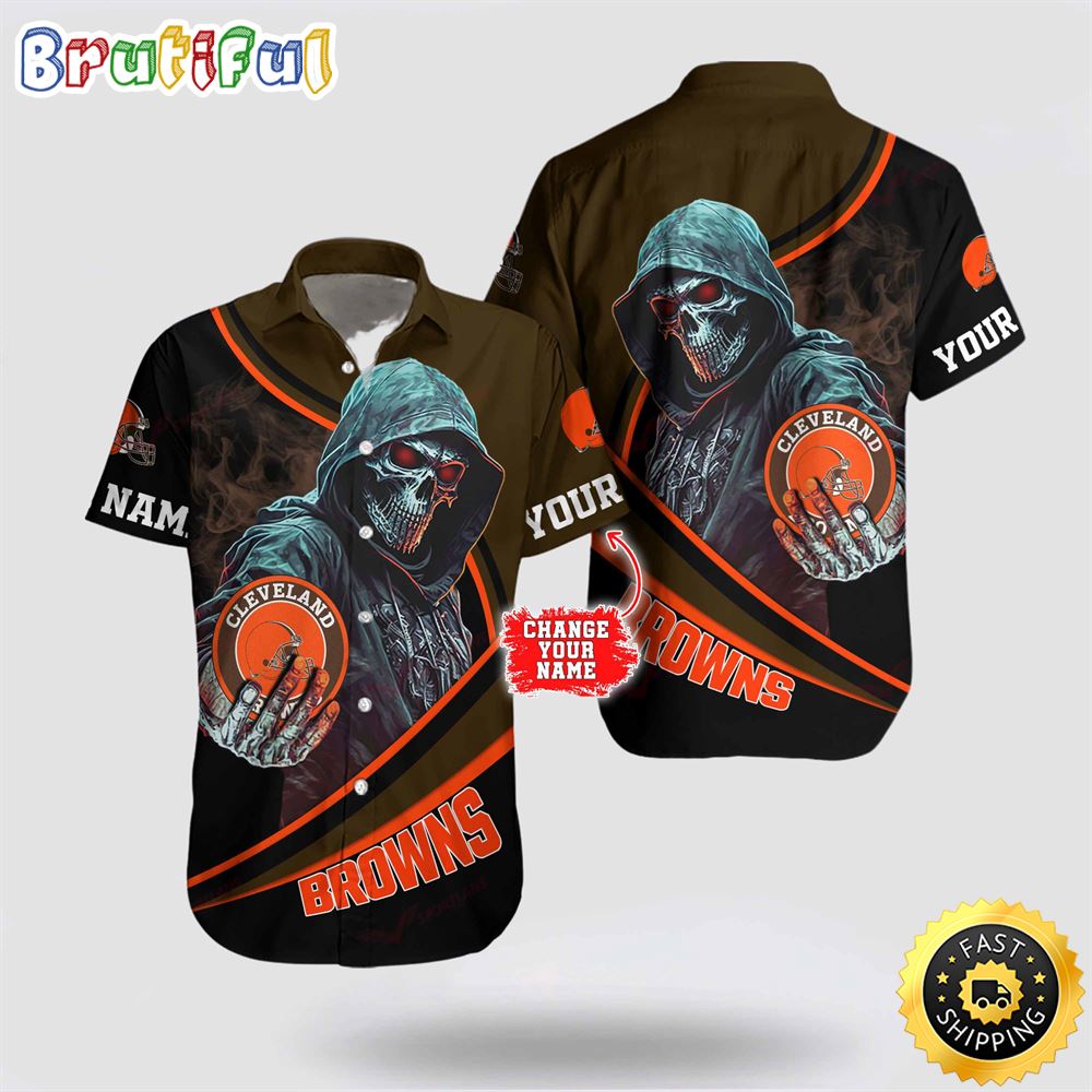 NFL Cleveland Browns Hawaiian Shirt Custom Name Halloween Skull Tropical Team Spirit uonij7