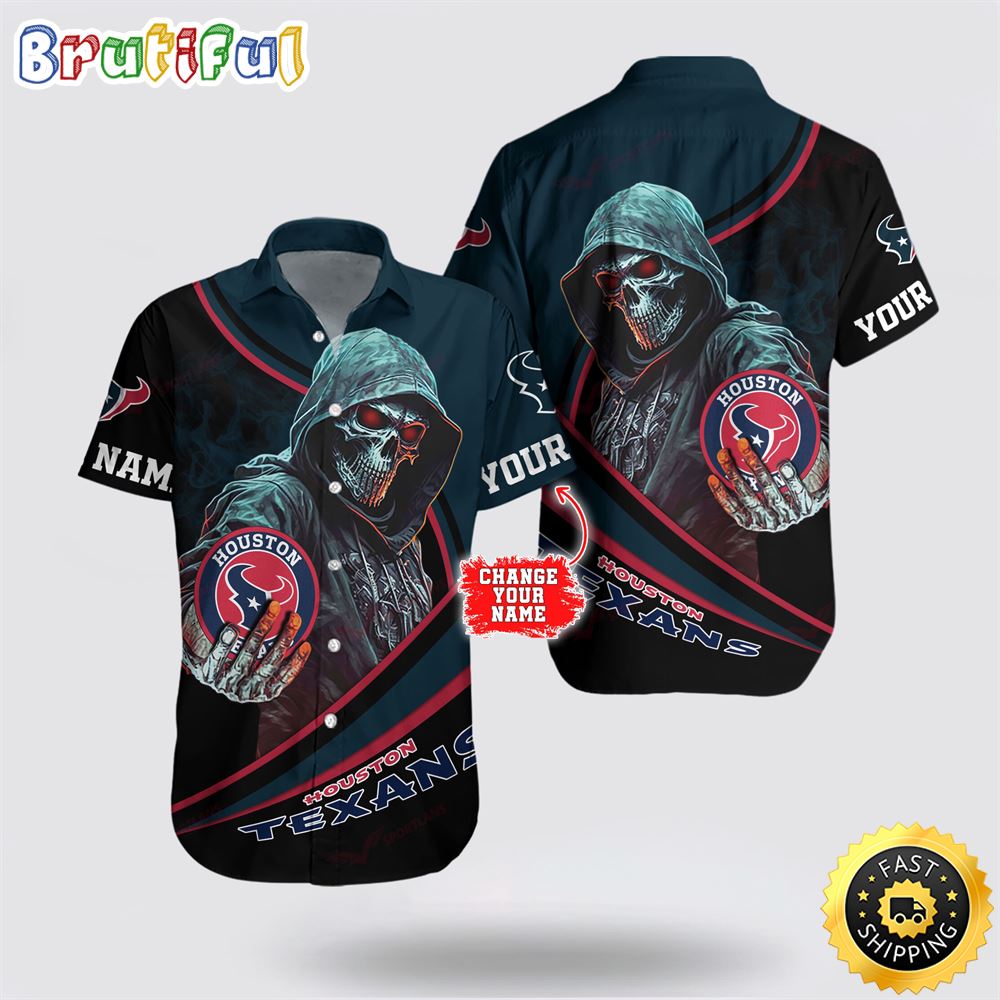 NFL Houston Texans Hawaiian Shirt Custom Name Halloween Skull Tropical Team Spirit zuo2sy