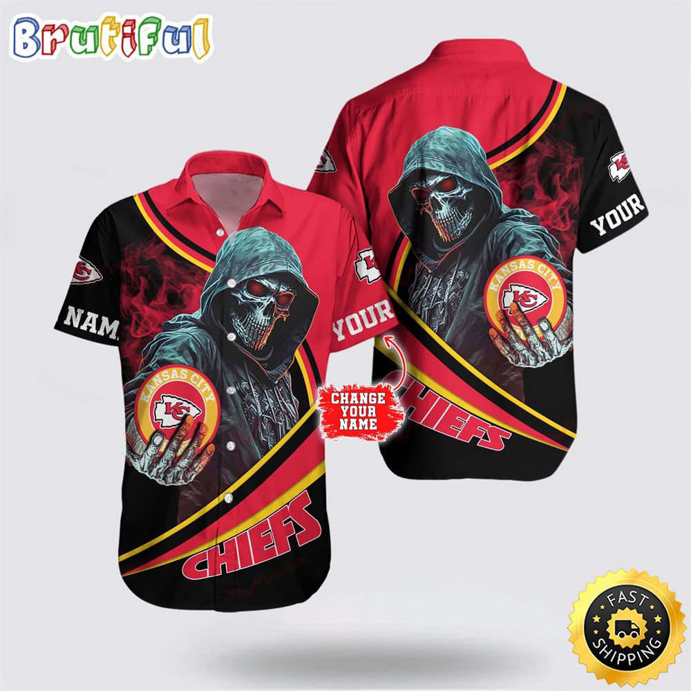 NFL Kansas City Chiefs Hawaiian Shirt Custom Name Halloween Skull Tropical Team Spirit frleqd