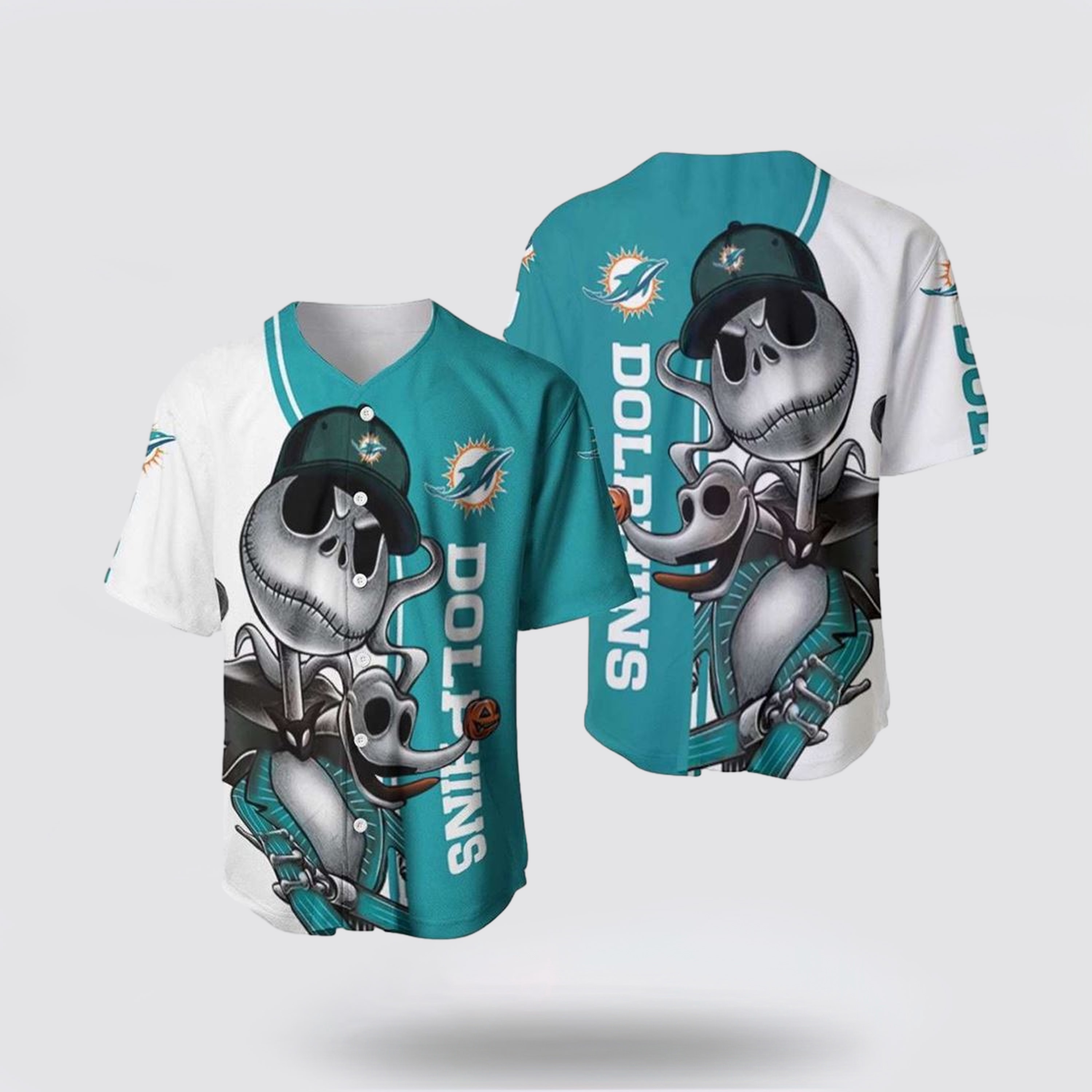 NFL Miami Dolphins Baseball Jersey Jack Skellington And Zero Perfect Your Team Pride In Laid Back Fashion 1 asjou6
