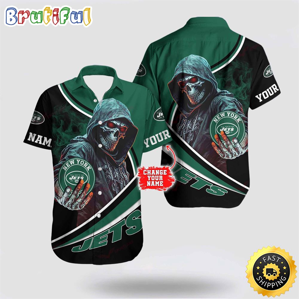 NFL New York Jets Hawaiian Shirt Custom Name Halloween Skull Tropical Team Spirit d1tahu