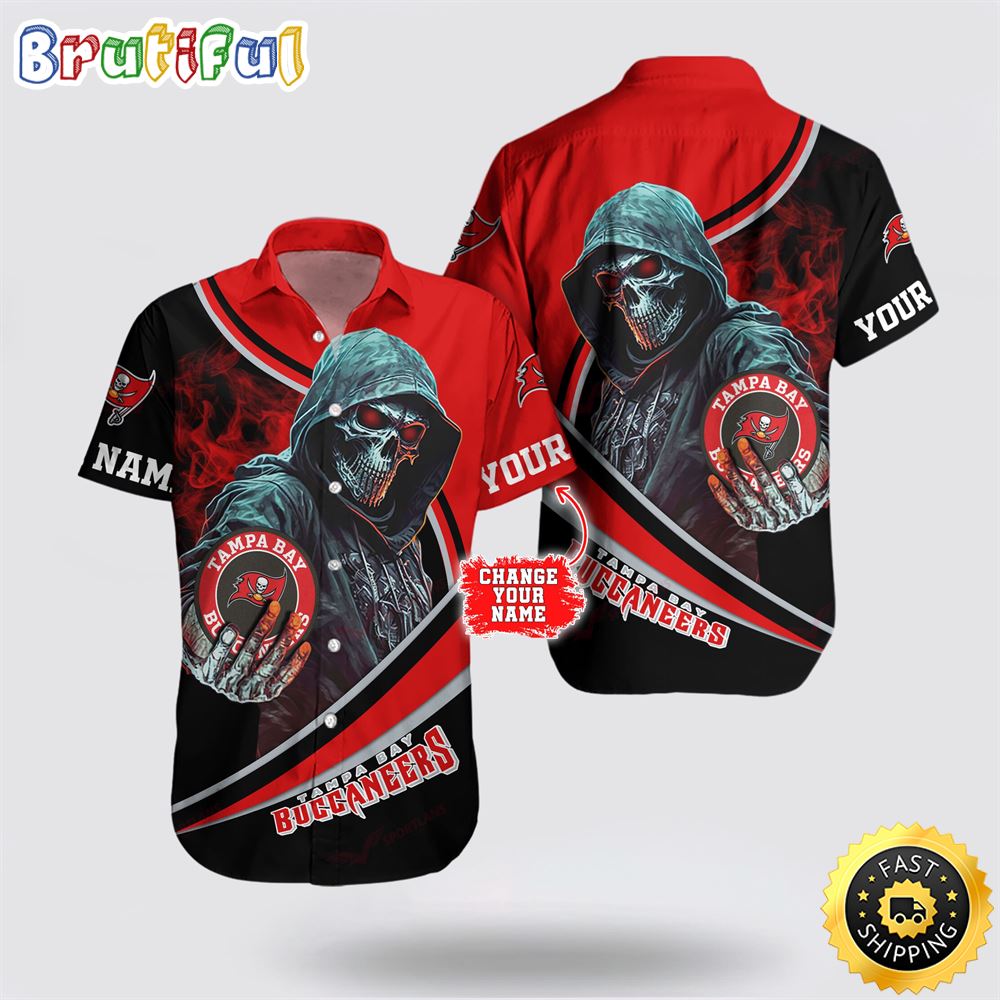 NFL Tampa Bay Buccaneers Hawaiian Shirt Custom Name Halloween Skull Tropical Team Spirit v39cop