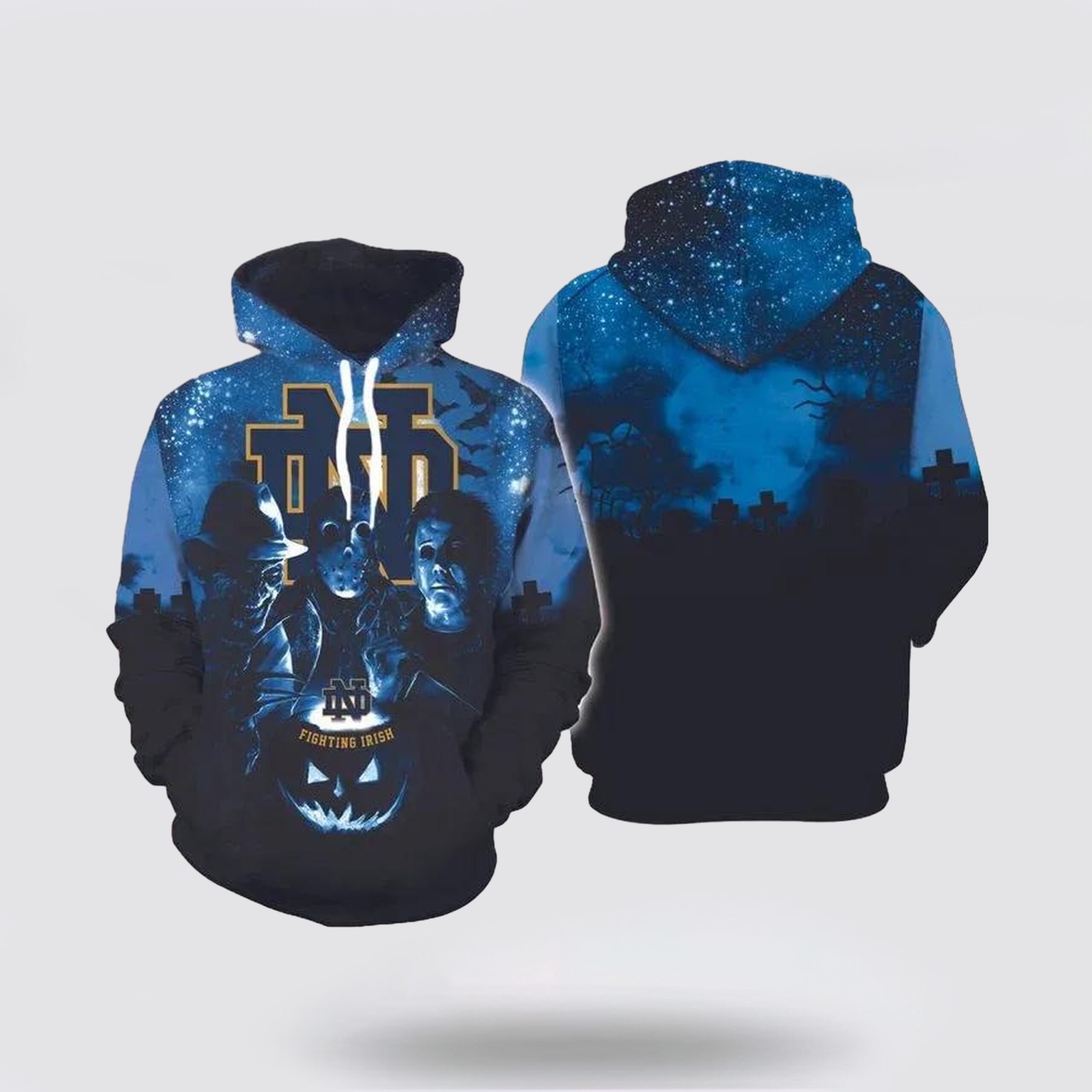 Notre Dame Fighting Irish Halloween and Michael Myers Jason Voorhees Freddy Krueger 3D Hoodie Notre Dame Fans Gift 1 nls3ks