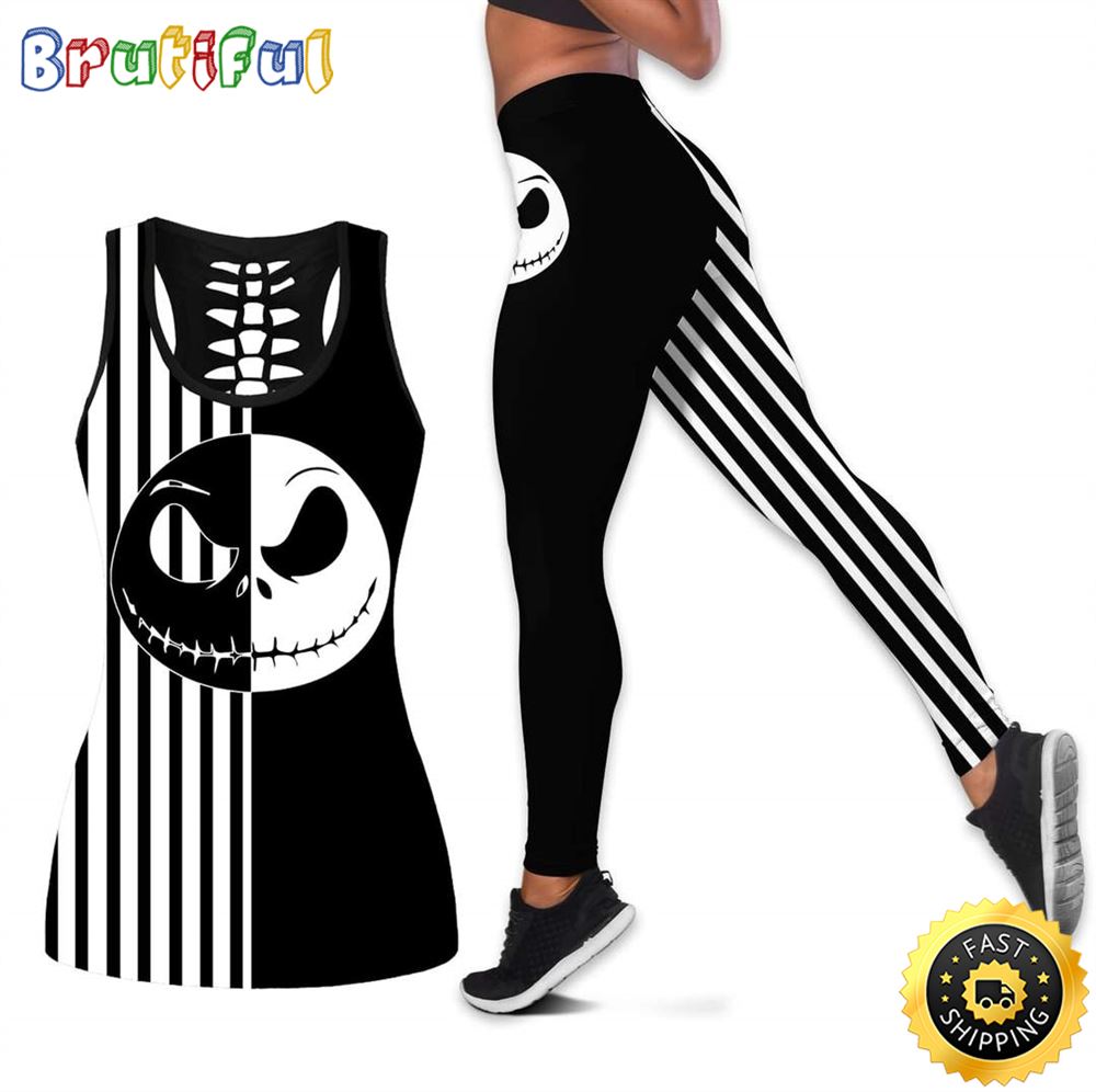 Black And White Jack Skellington Face Tank Top Legging Set Outfit Colorful All Over Print q4aigr