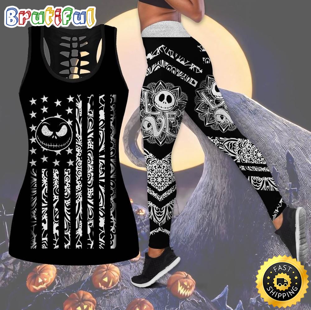 Black Jack Skellington Tank Top Legging Set Outfit Colorful All Over Print lzmo4l