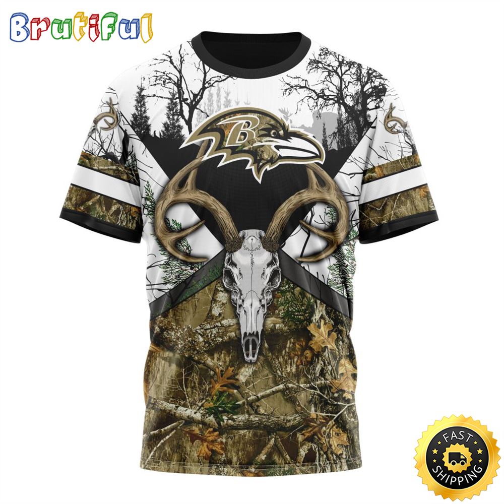 NFL Baltimore Ravens 3D T Shirt Deer Skull And Forest Pattern Represent Your Team 1 l72ijw