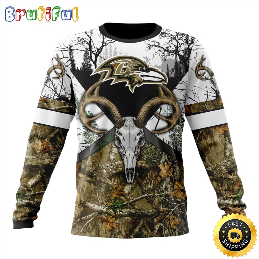 NFL Baltimore Ravens Crewneck Sweatshirt Deer Skull And Forest Pattern Represent Your Team 1 zryafw