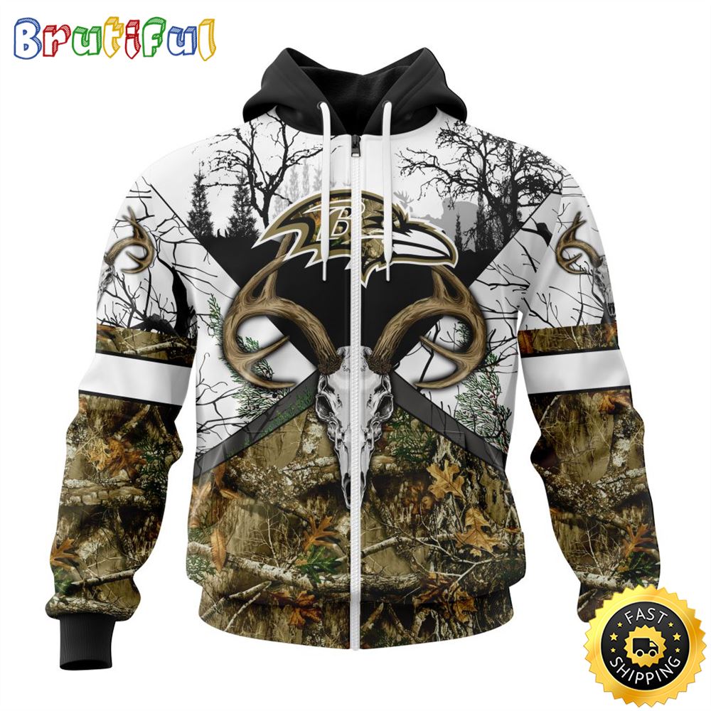 NFL Baltimore Ravens Zip Hoodie 3D All Over Print Deer Skull And Forest Pattern Custom Name And Number Hoodie 1 nkjxy5