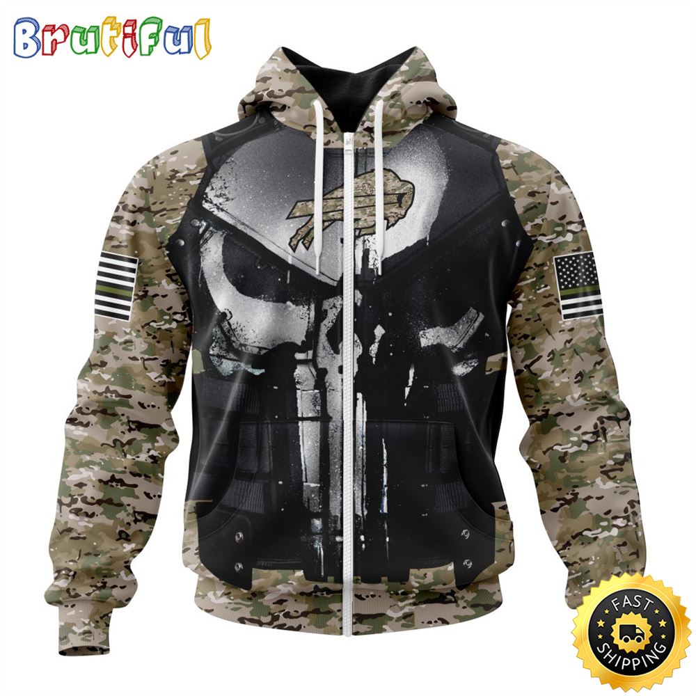 NFL Buffalo Bills Zip Hoodie 3D All Over Print Punisher Skull Camo Veteran Kits Custom Name And Number Hoodie 1 ffw8xj