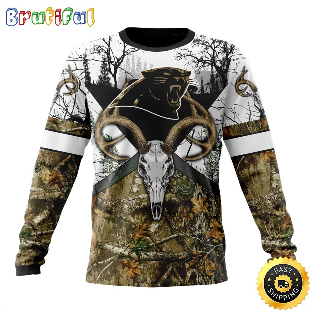 NFL Carolina Panthers Crewneck Sweatshirt Deer Skull And Forest Pattern Represent Your Team 1 hi5bsi