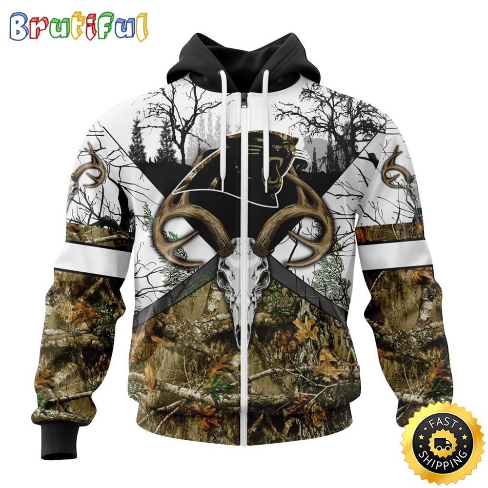 NFL Carolina Panthers Zip Hoodie 3D All Over Print Deer Skull And Forest Pattern Custom Name And Number Hoodie 1 x0xyli