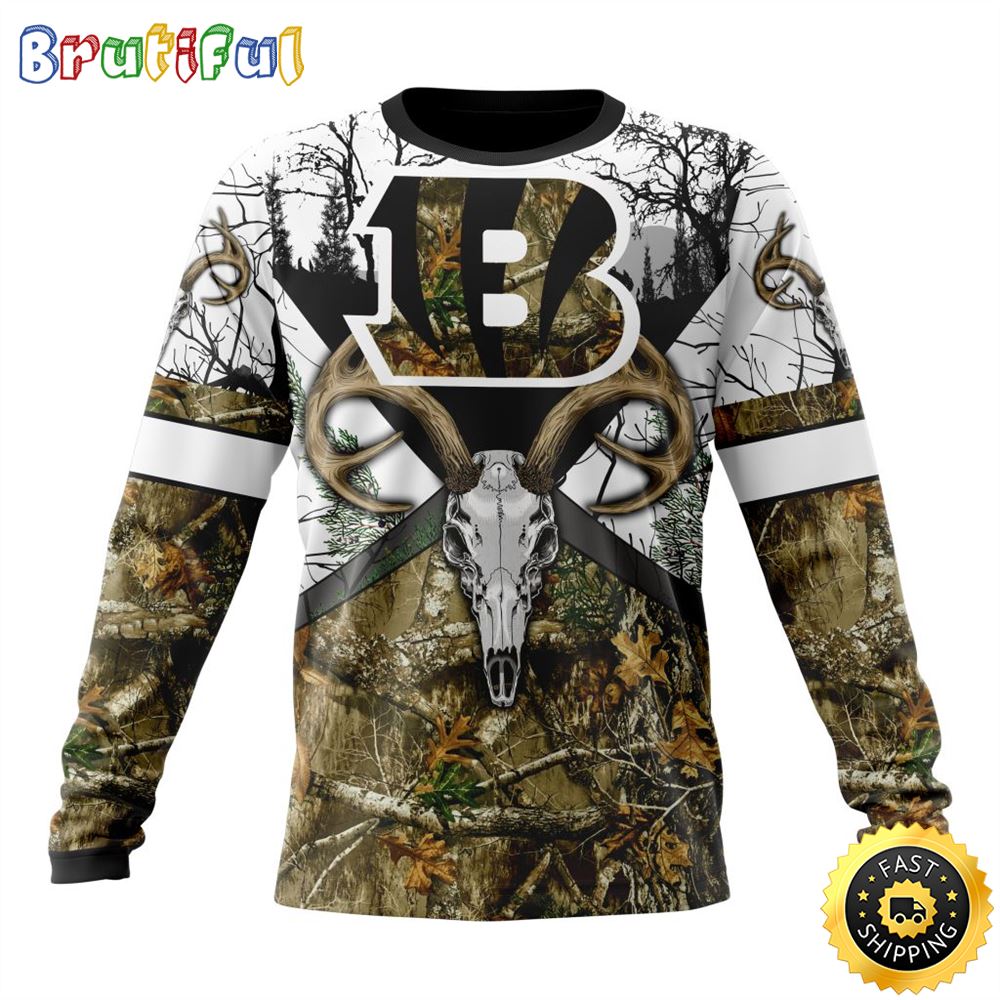 NFL Cincinnati Bengals Crewneck Sweatshirt Deer Skull And Forest Pattern Represent Your Team 1 h9vwis
