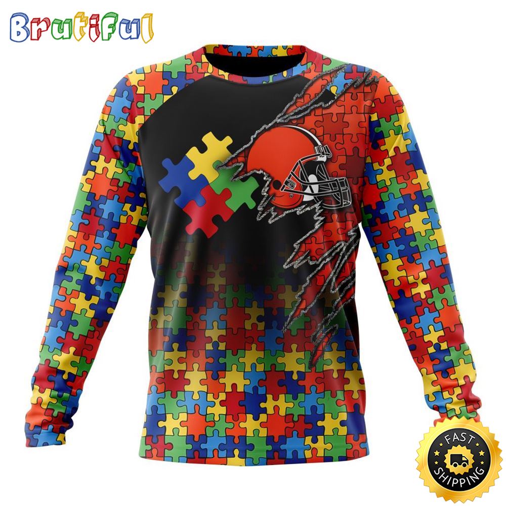 NFL Cleveland Browns Crewneck Sweatshirt Autism Awareness Design Gifts For Survivors 1 g0oa4l