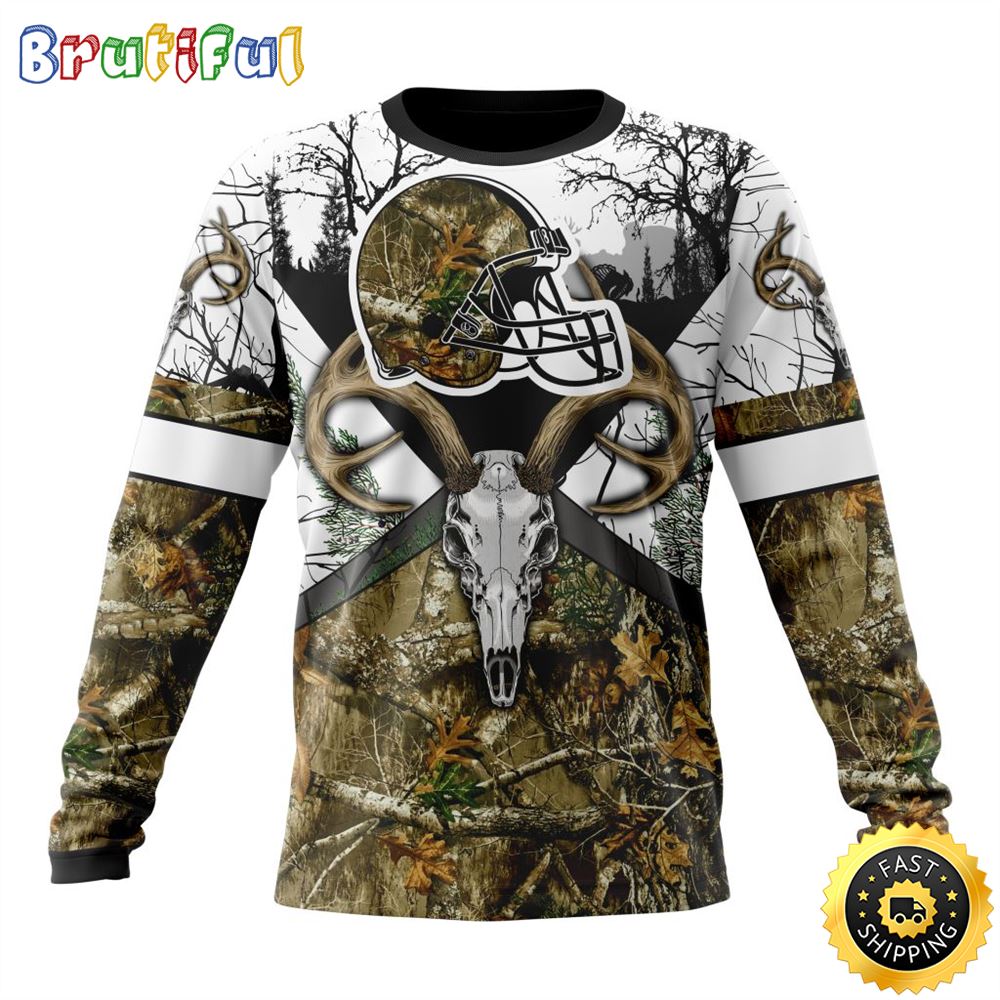 NFL Cleveland Browns Crewneck Sweatshirt Deer Skull And Forest Pattern Represent Your Team 1 ofjger
