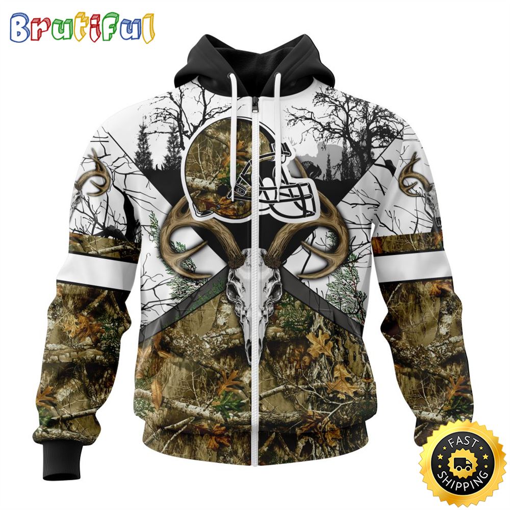 NFL Cleveland Browns Zip Hoodie 3D All Over Print Deer Skull And Forest Pattern Custom Name And Number Hoodie 1 ltxfbd