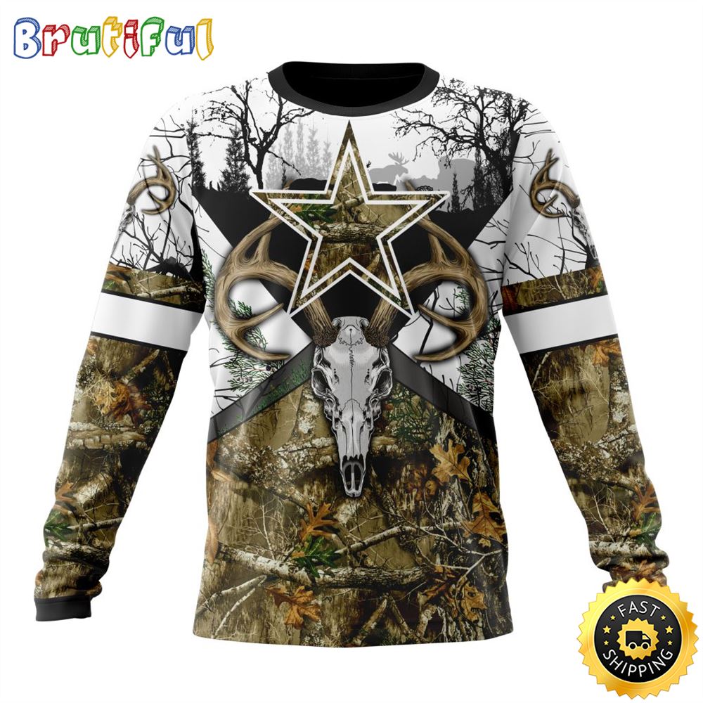 NFL Dallas Cowboys Crewneck Sweatshirt Deer Skull And Forest Pattern Represent Your Team 1 cxrvyg