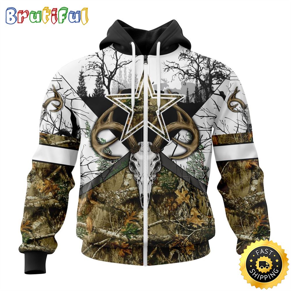 NFL Dallas Cowboys Zip Hoodie 3D All Over Print Deer Skull And Forest Pattern Custom Name And Number Hoodie 1 wo3yxs