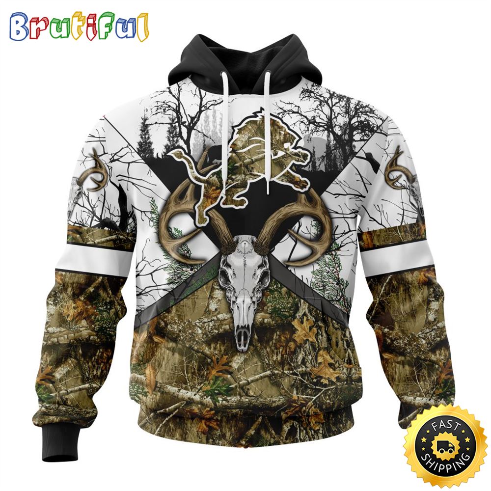 NFL Detroit Lions 3D Hoodie All Over Print Deer Skull And Forest Pattern Custom Name And Number Hoodie 1 rg6iou