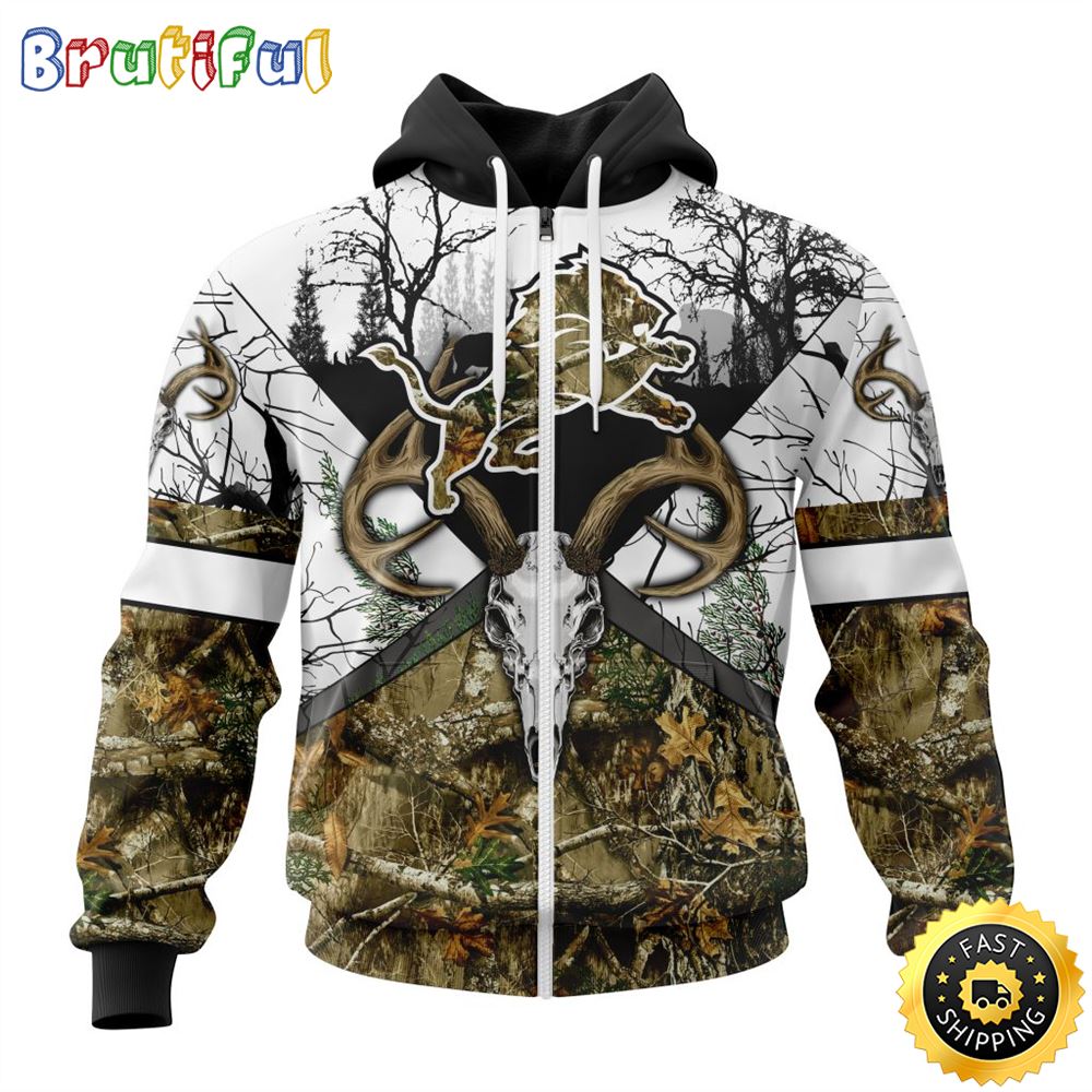 NFL Detroit Lions Zip Hoodie 3D All Over Print Deer Skull And Forest Pattern Custom Name And Number Hoodie 1 x5imlv