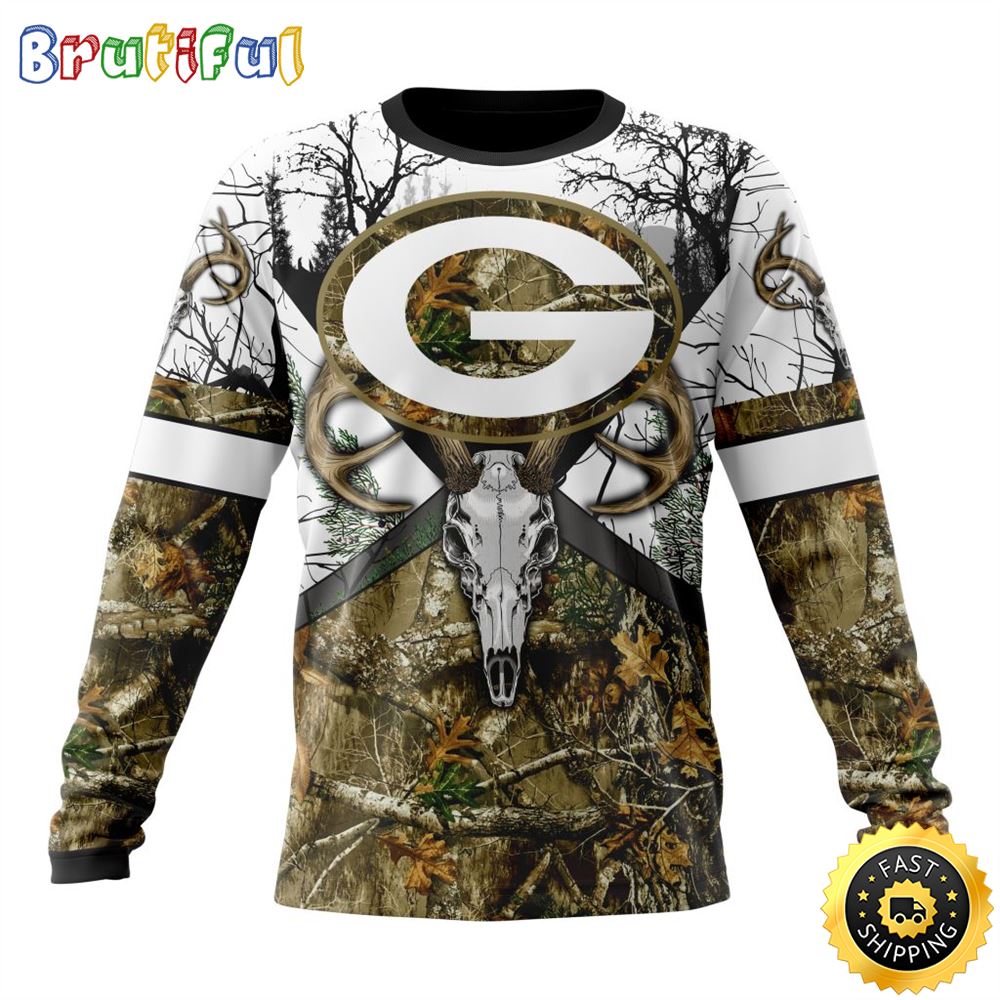 NFL Green Bay Packers Crewneck Sweatshirt Deer Skull And Forest Pattern Represent Your Team 1 ux209r