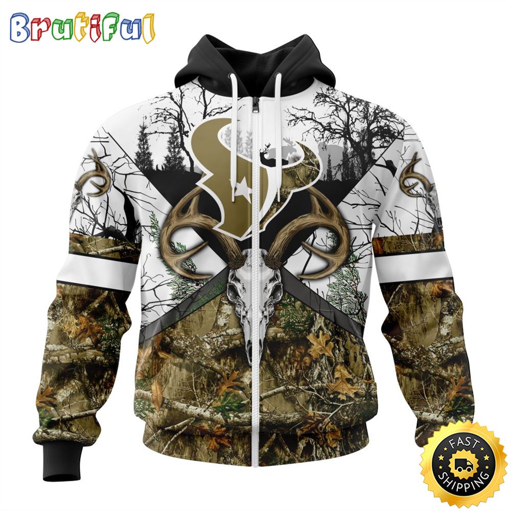 NFL Houston Texans Zip Hoodie 3D All Over Print Deer Skull And Forest Pattern Custom Name And Number Hoodie 1 frl0sl