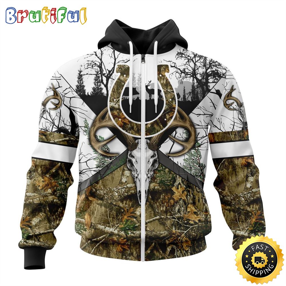 NFL Indianapolis Colts Zip Hoodie 3D All Over Print Deer Skull And Forest Pattern Custom Name And Number Hoodie 1 lmovcx