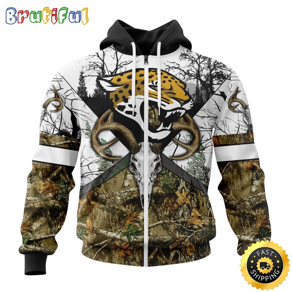 NFL Jacksonville Jaguars Zip Hoodie 3D All Over Print Deer Skull And Forest Pattern Custom Name And Number Hoodie 1 wggjha