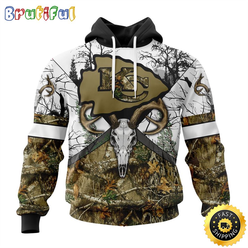 NFL Kansas City Chiefs 3D Hoodie All Over Print Deer Skull And Forest Pattern Custom Name And Number Hoodie 1 nppvna