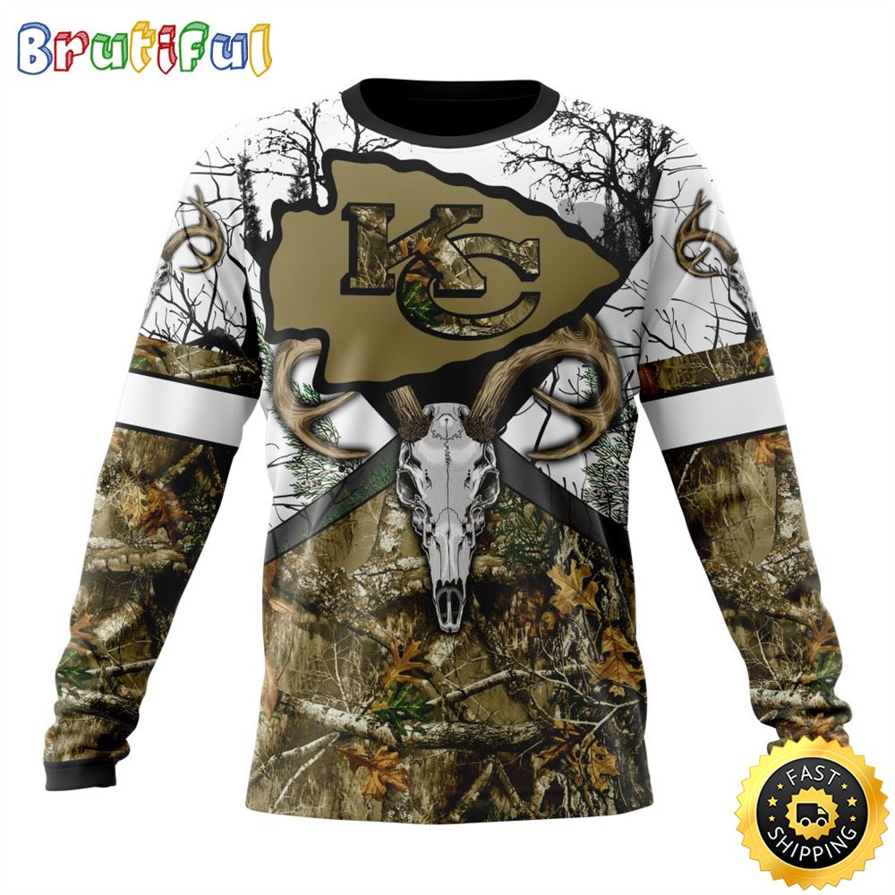NFL Kansas City Chiefs Crewneck Sweatshirt Deer Skull And Forest Pattern Represent Your Team 1 ucirh0